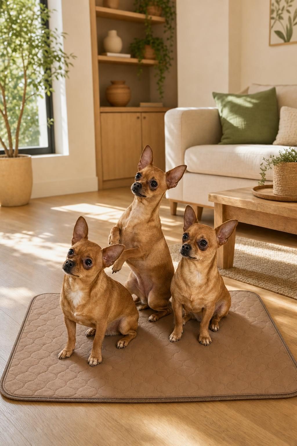 Perritos sentados sobre el tapete lavable Patita Limpia
